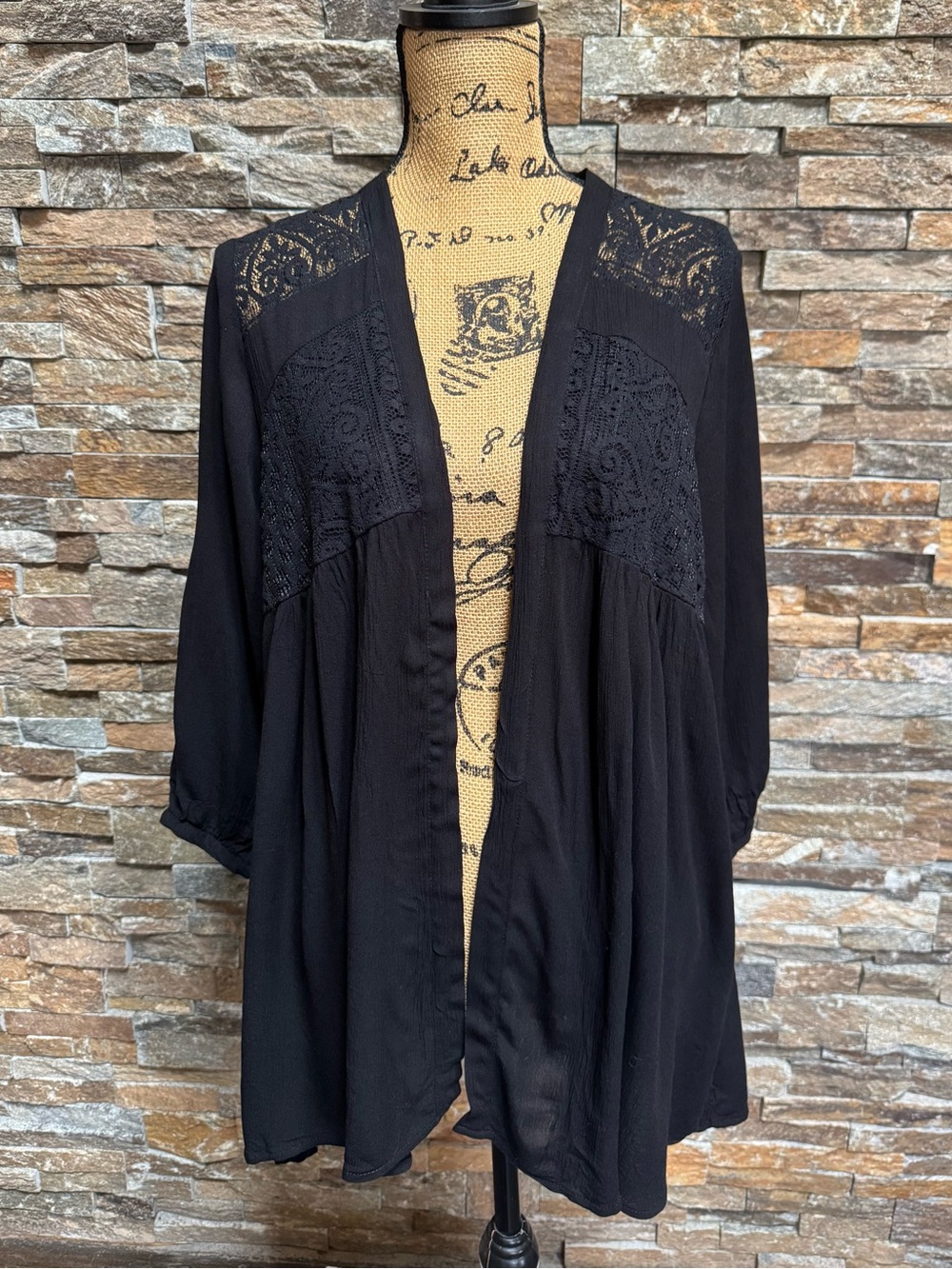 Knox Rose Boho Cardigan Black Lace Open Front 3/4 Sleeve Rayon Small Coverup